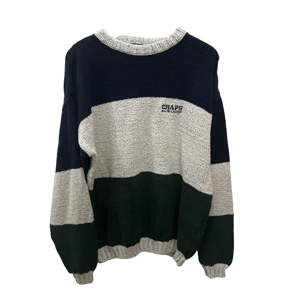 Ralph Lauren Chaps Vintage 1990s Color Block Striped Cotton Knit Sweater Large